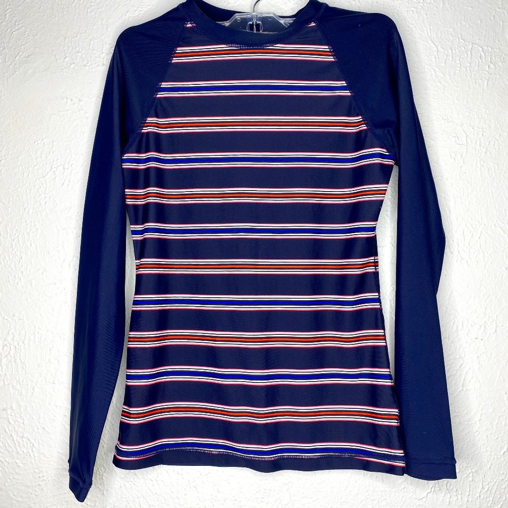 GAP Body, women's XS, striped navy swim rash guard w/long sleeves EUC.